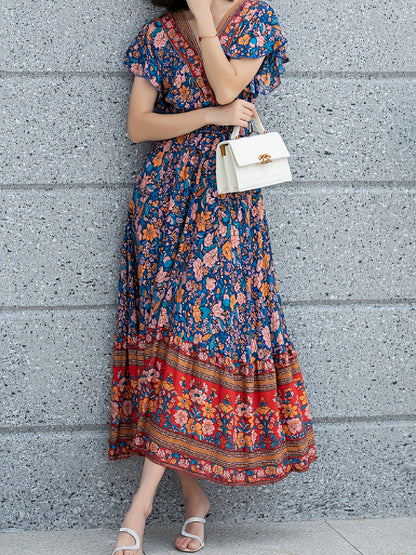 Women’s Maxi Dress - Bohemian Wrap Style - Floral Print - Short Ruffled Sleeves