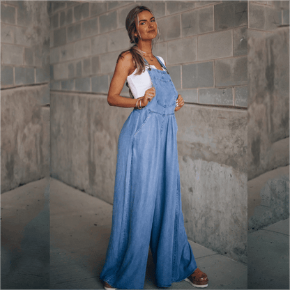 Women's Denim Overalls - Wide Leg - Adjustable Straps - Relaxed Fit Casual Wear
