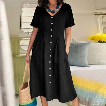Women's Dress - Cotton Linen Blend - V-Neck Button Front - Short Sleeve Flared Fit