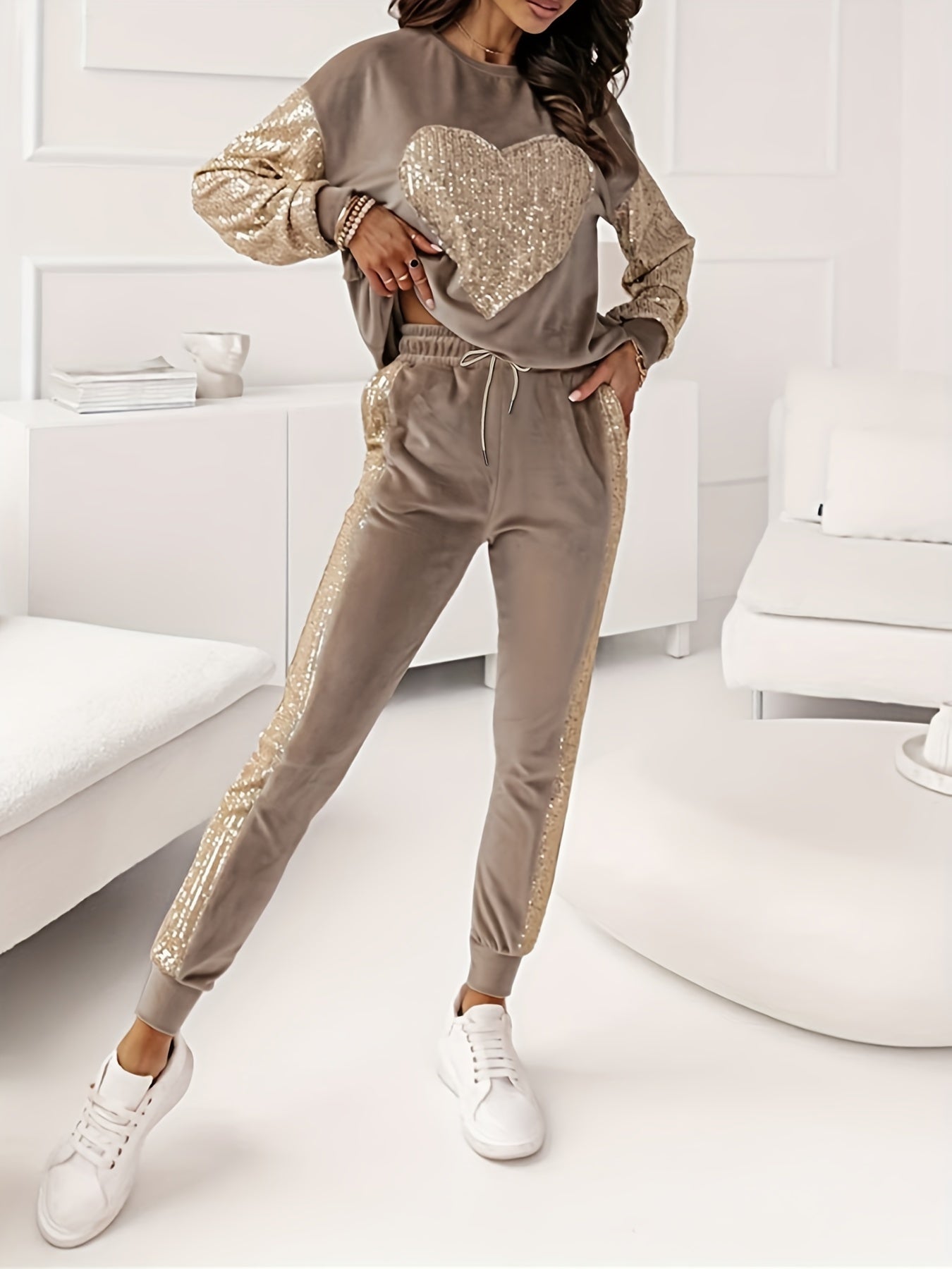 Women's brown velvet heart top and cropped pants set