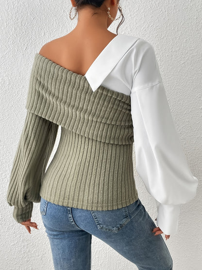 Women's Off-Shoulder Ribbed Knit Top – Asymmetrical Design – Long Sleeve Stylish Fit