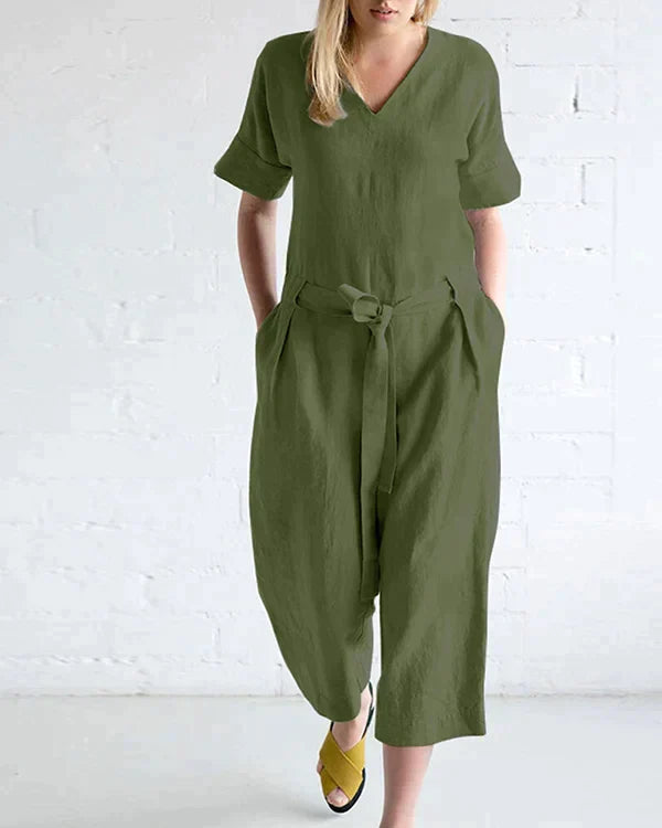 Women's Jumpsuit - V-Neck Short Sleeve - Tie Waist Loose Fit - Cropped Length Casual Wear