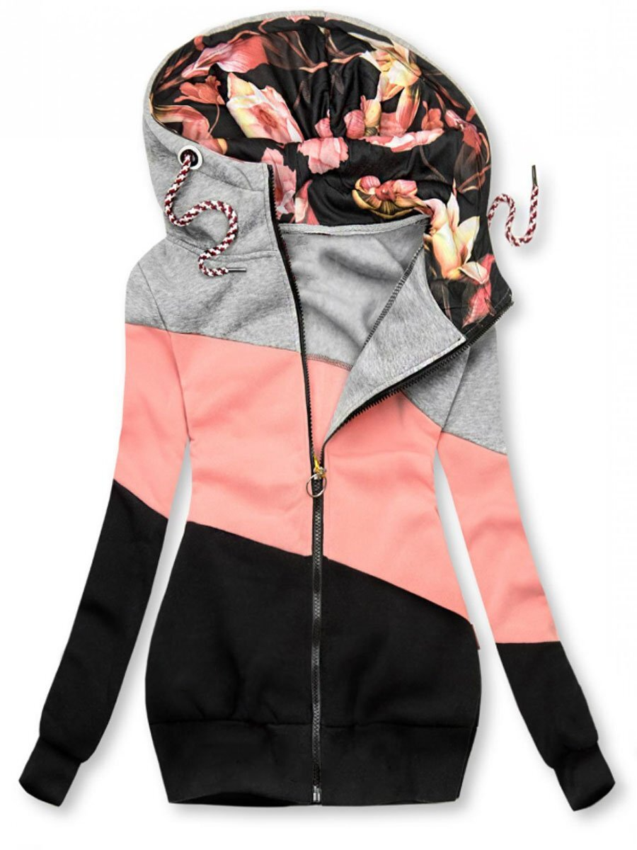 Women's hooded floral zipper jacket