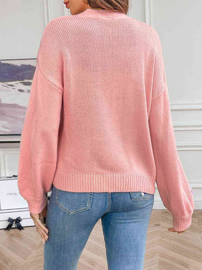 Women's Knit Cardigan - Long Sleeve - Floral Appliqué - Cropped Relaxed Fit