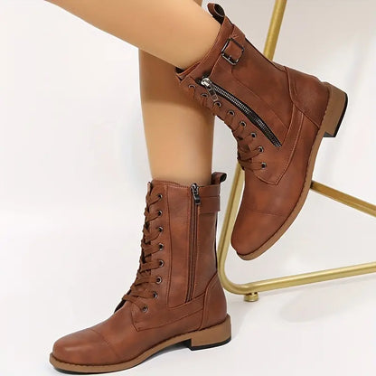 Women's low-cut lace-up boots with zipper closure
