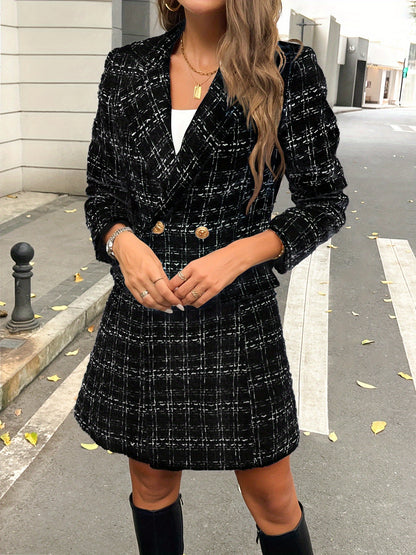 Women's Longline Blazer - Double-Breasted - Textured Plaid - Tailored Fit - Gold Buttons