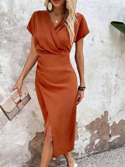 Women's Midi Dress - Wrap V-Neck - Short Sleeve - Form-Fitting with Side Slit