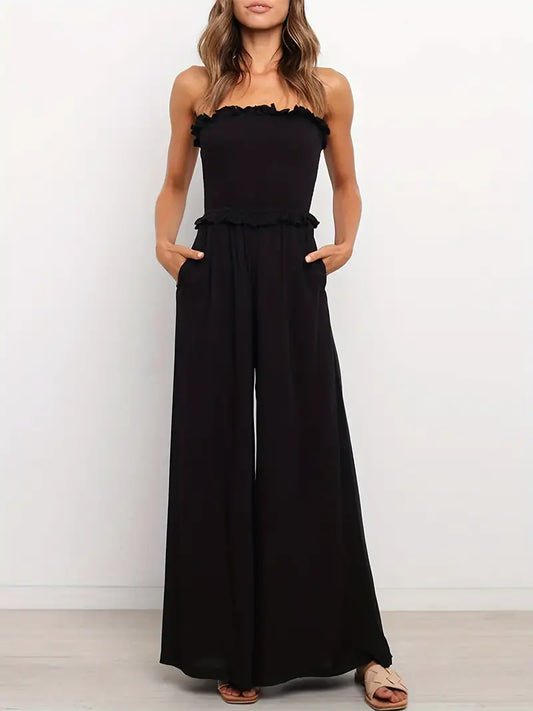 Ruffle Trim Flowy Wide-Leg Jumpsuit