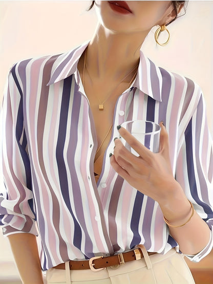 Women's Button-Down Blouse - Classic Collar - Vertical Striped - Long Sleeve