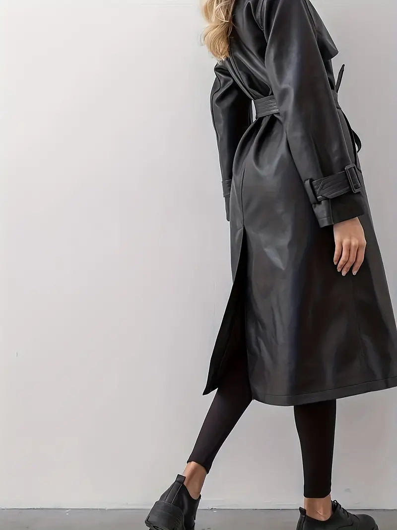 Belted Pu Leather Trench Coat