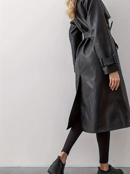 Trench coat pu leather with belt for women