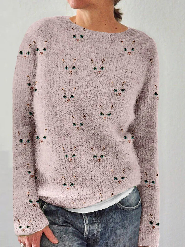 Women's cozy round neck sweater with cute cat face print