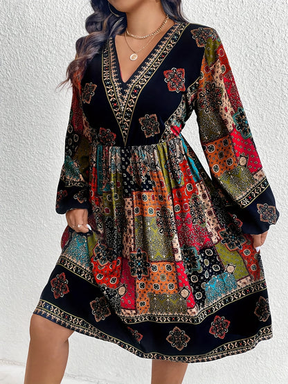Women's Boho Midi Dress - V-Neck Patchwork Print - Long Sleeve Flowy Fit