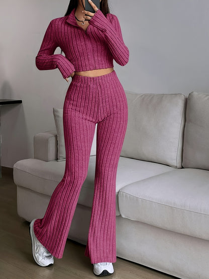 Two-piece ribbed zip-up cropped jacket and flared pants lounge set for women