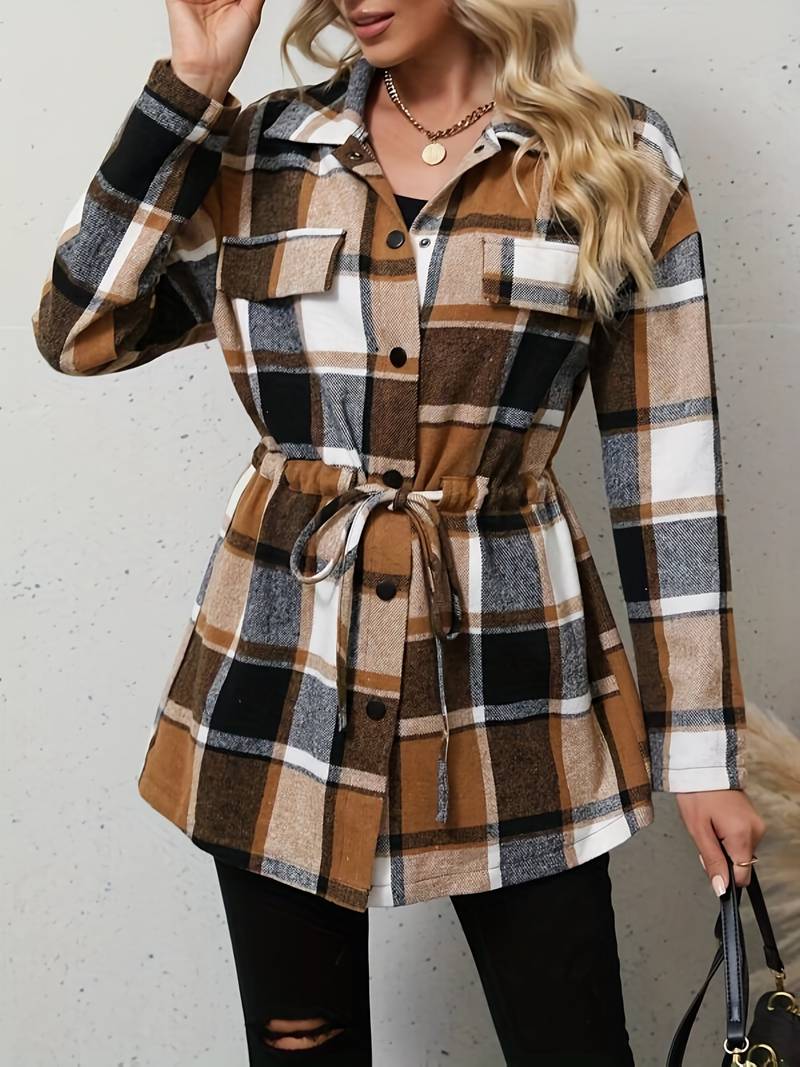 Chic checked long-sleeved coat with waist drawstring