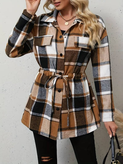 Women's Shacket - Plaid Longline - Button Down - Drawstring Waist - Casual Fit