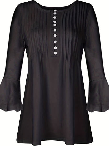 Women's Blouse - Pleated Design - V-Slit Neckline with Buttons - 3/4 Flare Sleeves