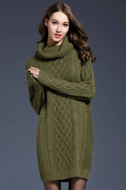 Women's Cable Knit Sweater Dress - Turtleneck - Long Sleeve - Soft Knit