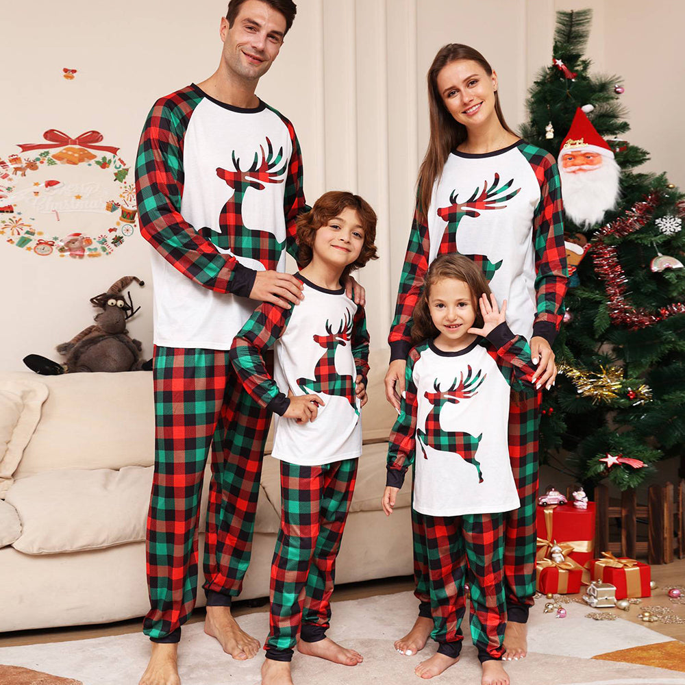 Plaid family matching reindeer Christmas pajamas set