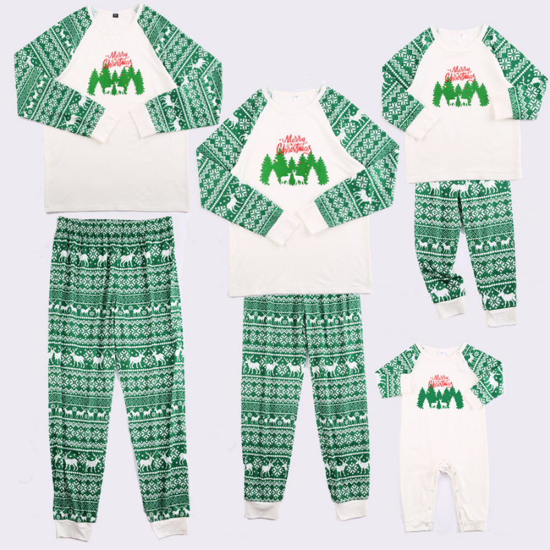 Green and white family matching Christmas pajamas set