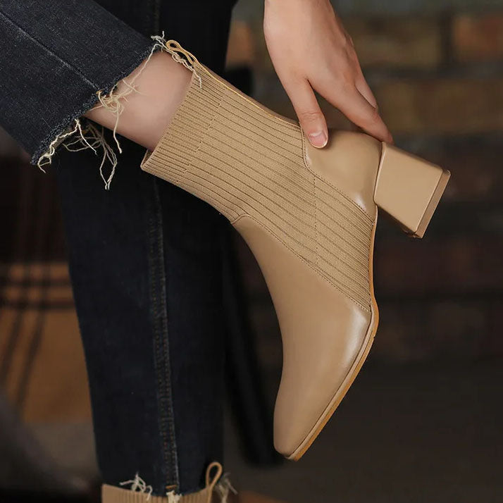 Women's square toe martin boots with elastic knitted socks