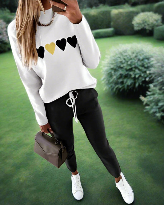 Heart Print Drawstring Sweater and Pants Set