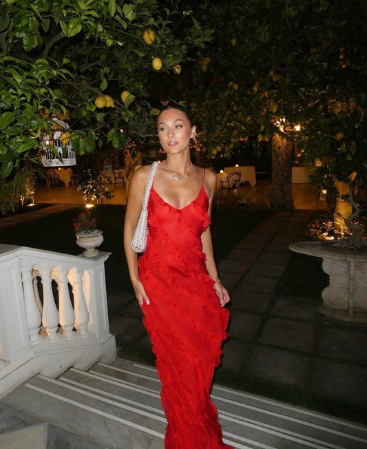 Chiffon Feel Slim Fit Ruffle Maxi Dress