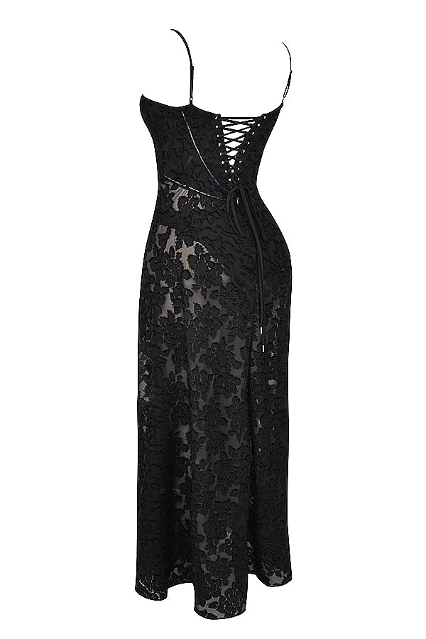 Women's Evening Gown - Floral Sheer Overlay - Spaghetti Straps - Sweetheart Neckline