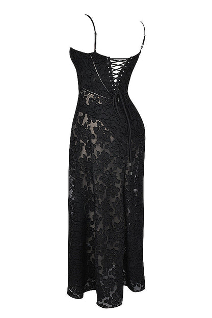 Women's Evening Gown - Floral Sheer Overlay - Spaghetti Straps - Sweetheart Neckline
