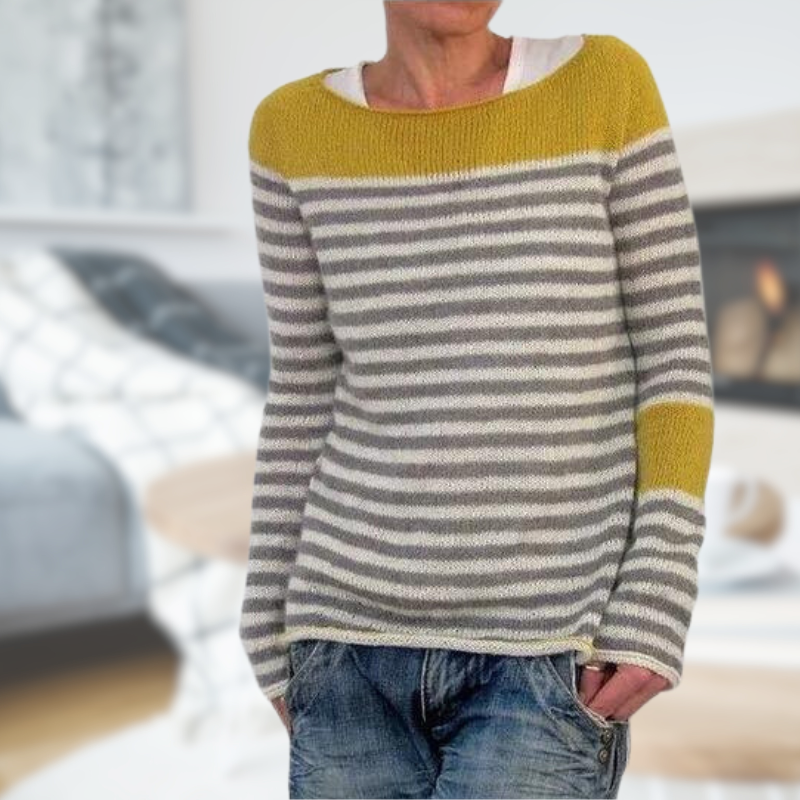Women's Sweater - Boat Neck - Long Sleeve Fitted Knit - Striped Casual Wear