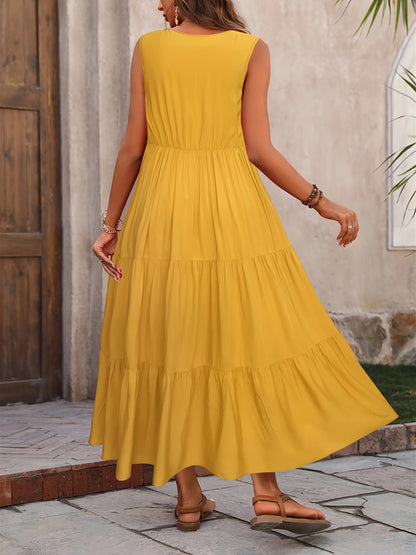 Sleeveless tiered A-line maxi dress with v-neck and casual fit for women