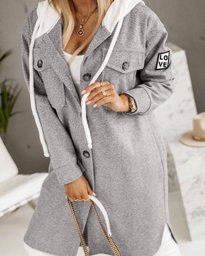 Women’s Hooded Coat - Longline Fit - Button-Up Front - Drawstring Hood - Flap Pockets