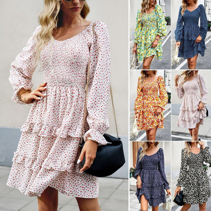 Women's Dress - Smocked Bodice - V-Neck - Long Sleeve Tiered Ruffle Skirt