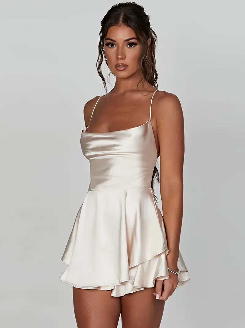 Women's Satin Mini Dress - Spaghetti Strap - Fitted Bodice - Elegant Evening Wear