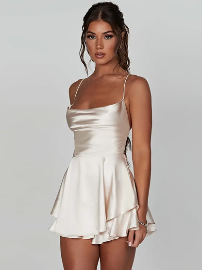 Women's Satin Mini Dress - Spaghetti Strap - Fitted Bodice - Elegant Evening Wear