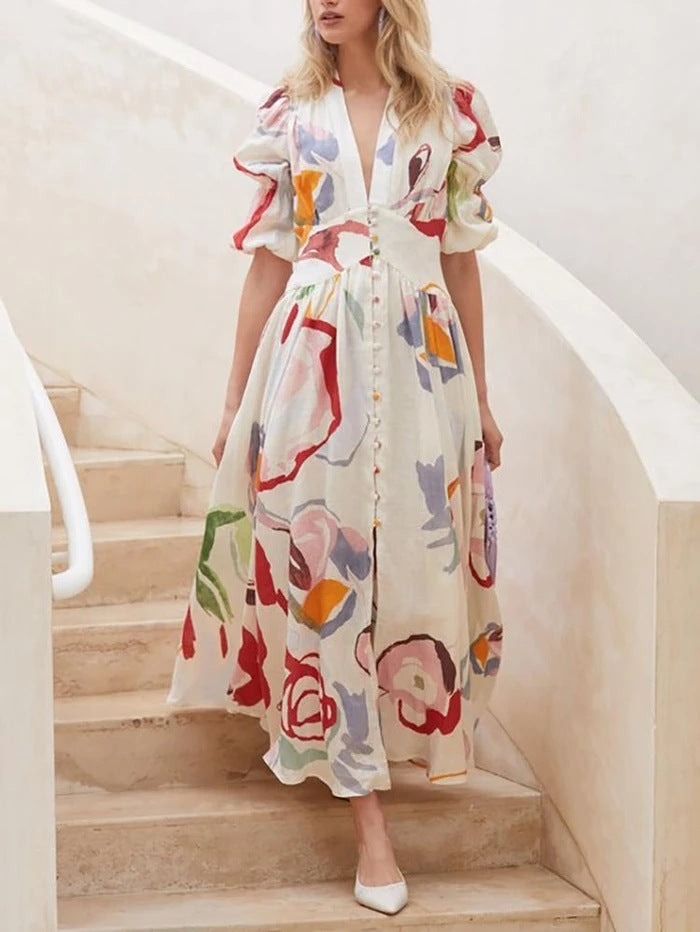 Women's Maxi Dress - V-Neck Button-Down - Puff Sleeve A-Line Flowy Print