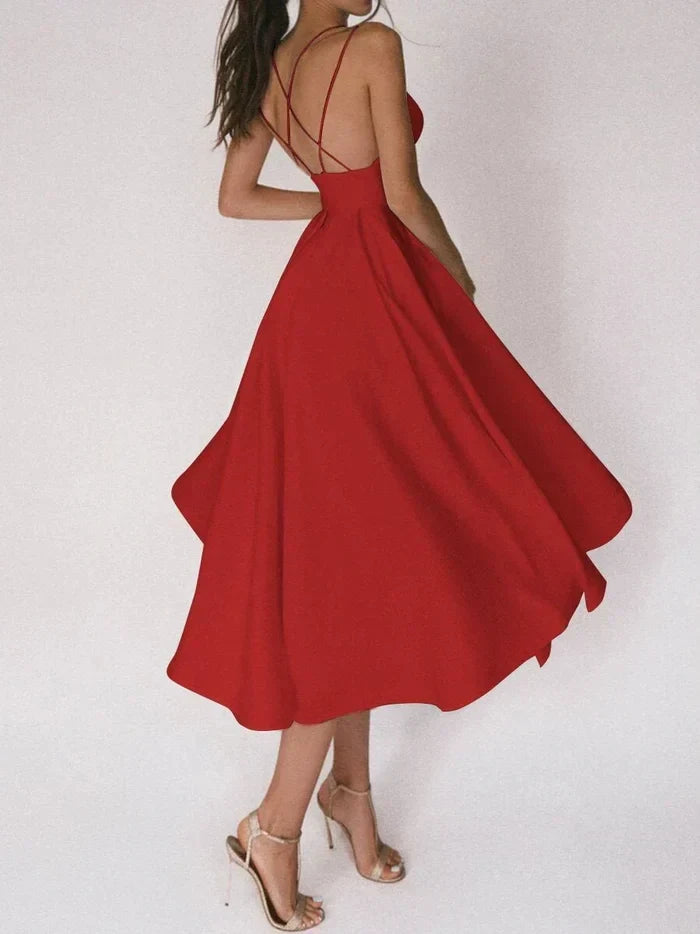 Women's Halter Neck Dress - Crisscross Back - Fitted Waist - Flowing Midi Skirt