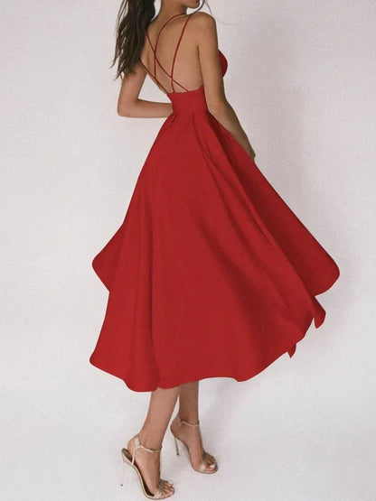 Women's Halter Neck Dress - Crisscross Back - Fitted Waist - Flowing Midi Skirt