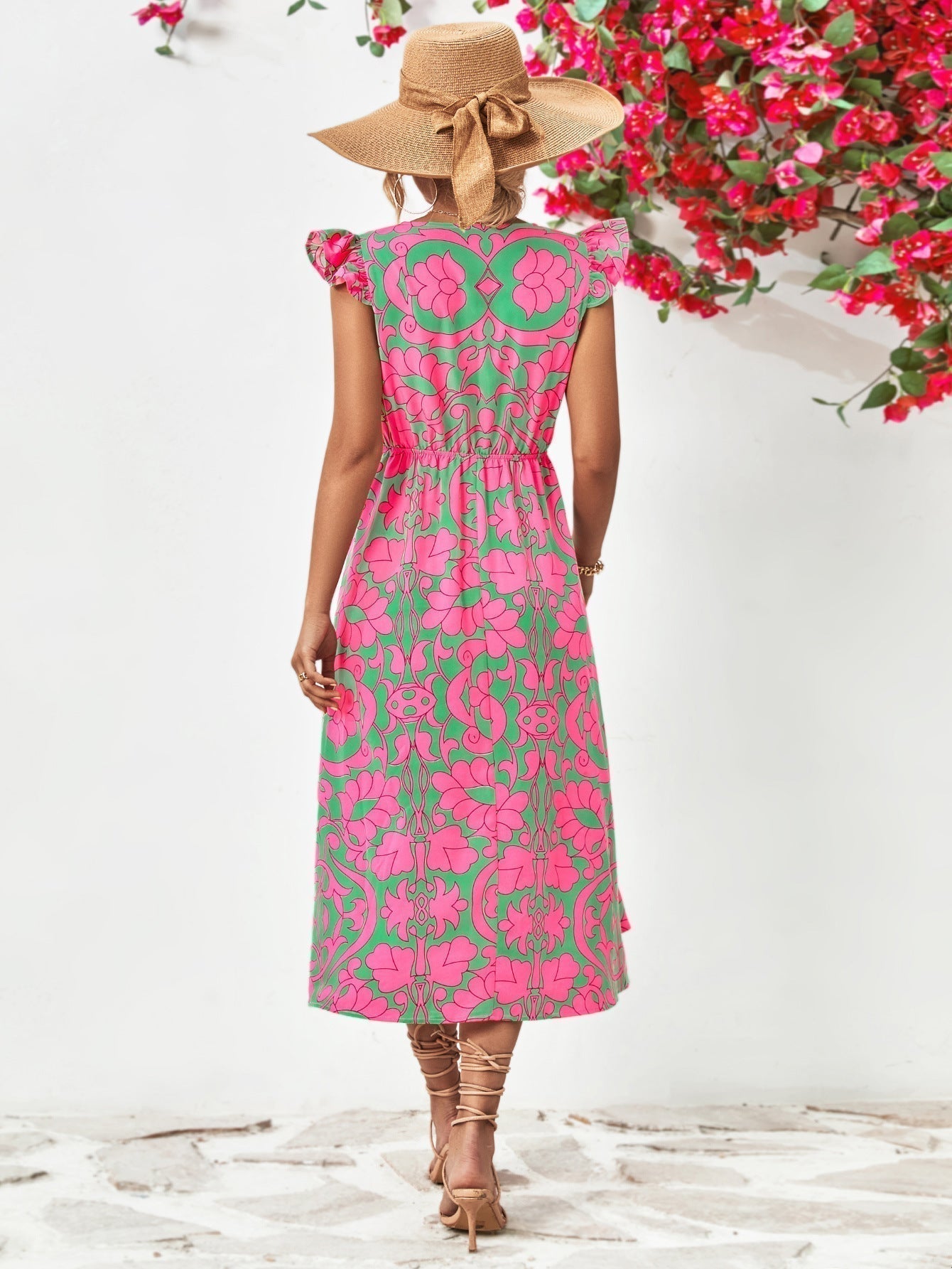 Women's Midi Dress - V-Neck - Short Ruffled Sleeves - Fitted Waist - Floral Print