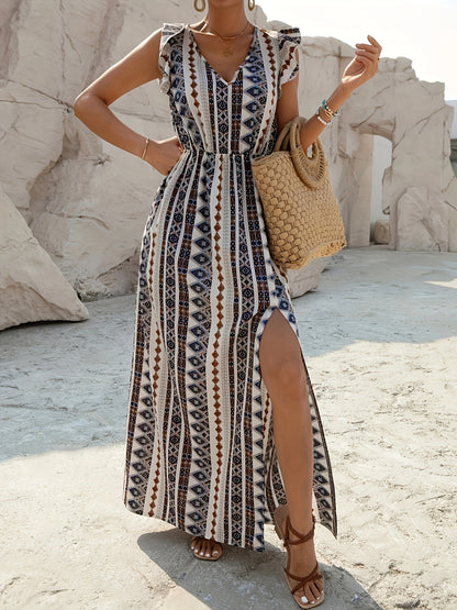 V-neck tribal print maxi dress with high slit for women