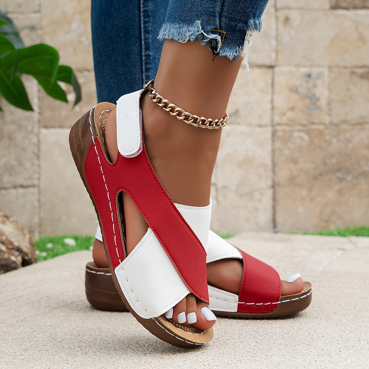Women's Wedge Sandals - Cross-Strap Design - Cushioned Footbed - Adjustable Fit