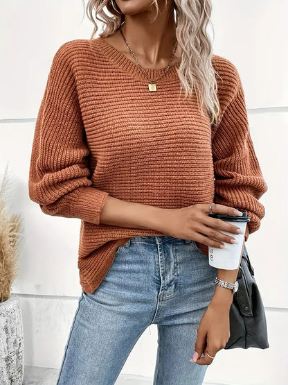 Women's elegant round neck sweater with batwing sleeves