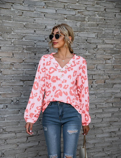 Women's Blouse - V-Neck Button Down - Long Sleeve Relaxed Fit - Animal Print