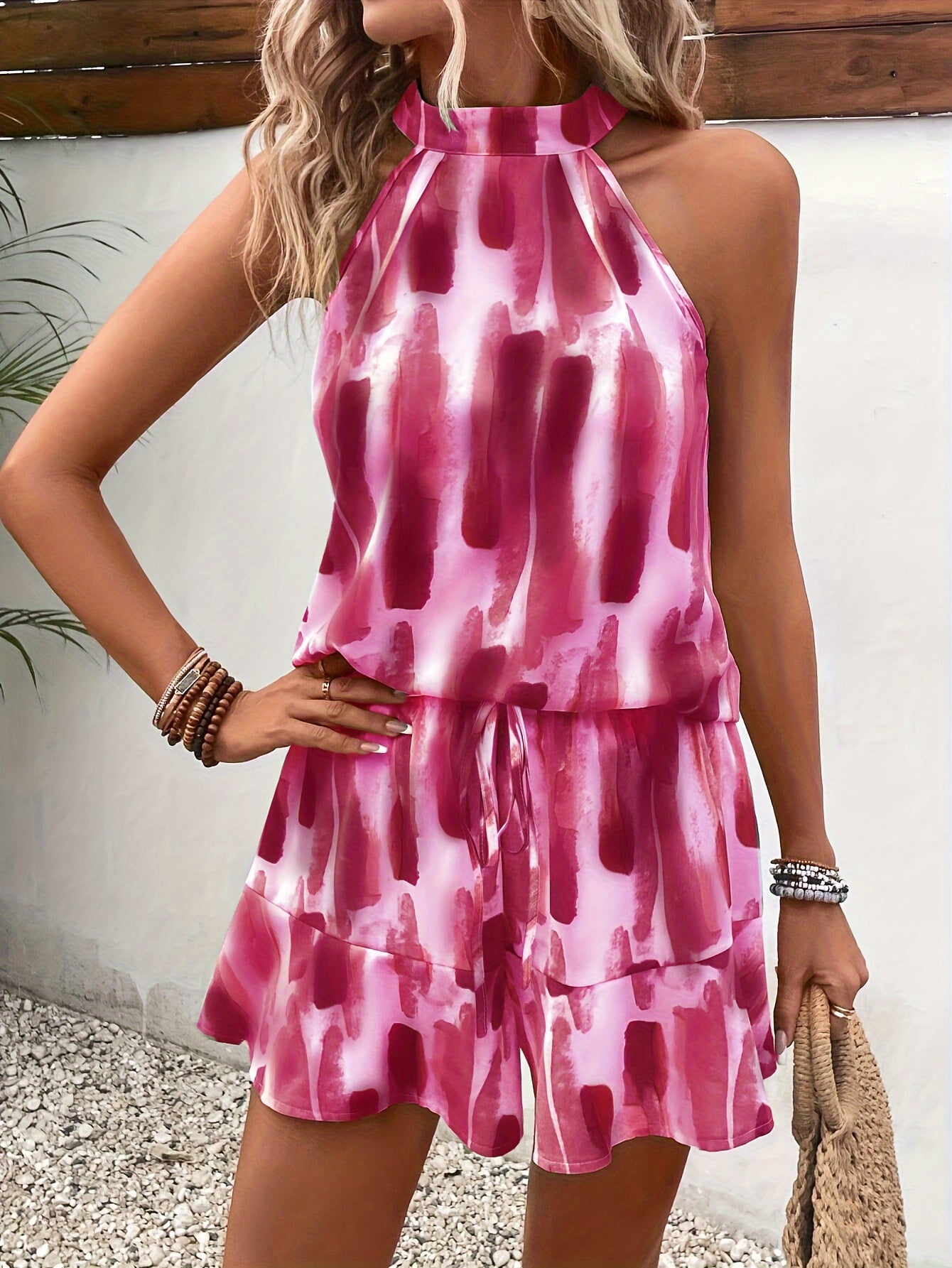 Women's Halter Neck Romper - Sleeveless Tie-Back - Flowy Layered Shorts