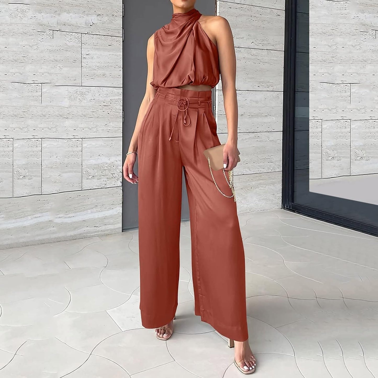 Women's Two-Piece Set - Halter Neck Crop Top & High-Waisted Wide-Leg Pants