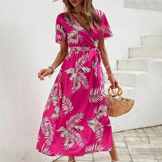 Women's Tropical Print Belted Dress – High Waist, Flowing Fit