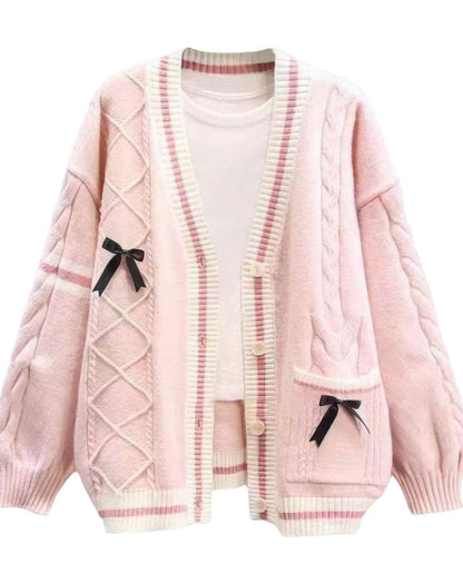 Women’s Cardigan – Relaxed Fit – Soft Knit – Cable Knit – Button Front – Bows
