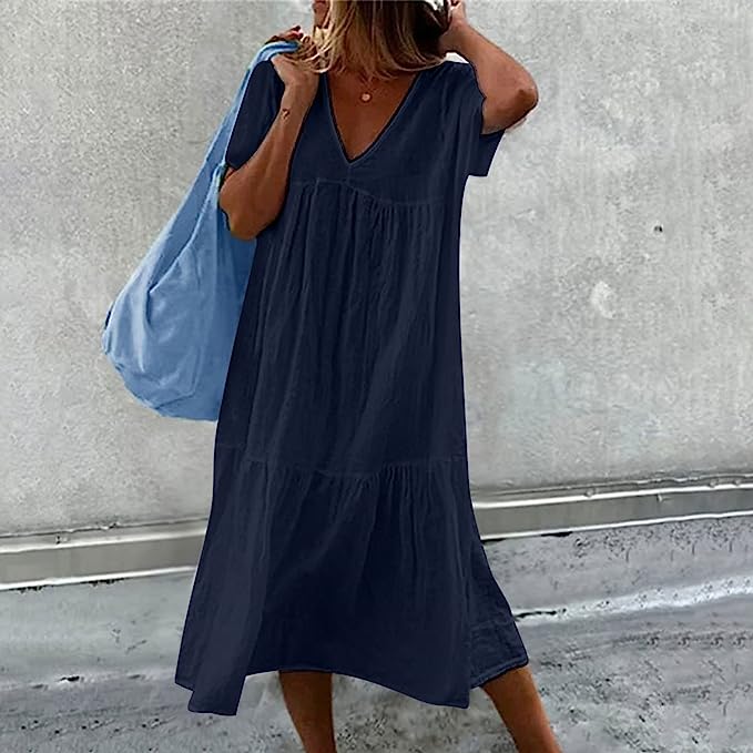 Women's Midi Dress - V-Neck Short Sleeve - Loose Tiered Lightweight Casual Wear