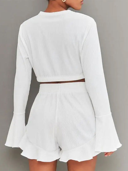 Women's lace long sleeve pajama shorts set