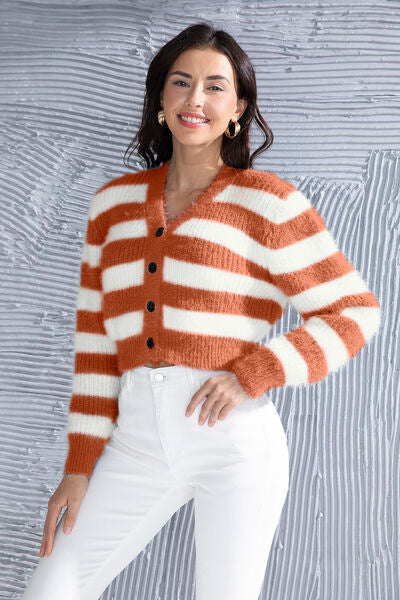 Women's striped cropped button-up cardigan